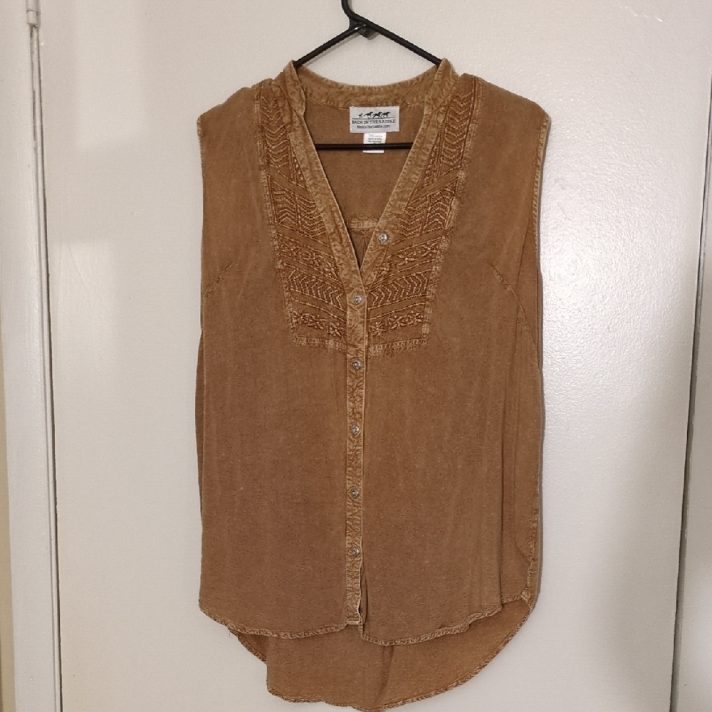 Embroidered Tan Sleeveless Blouse